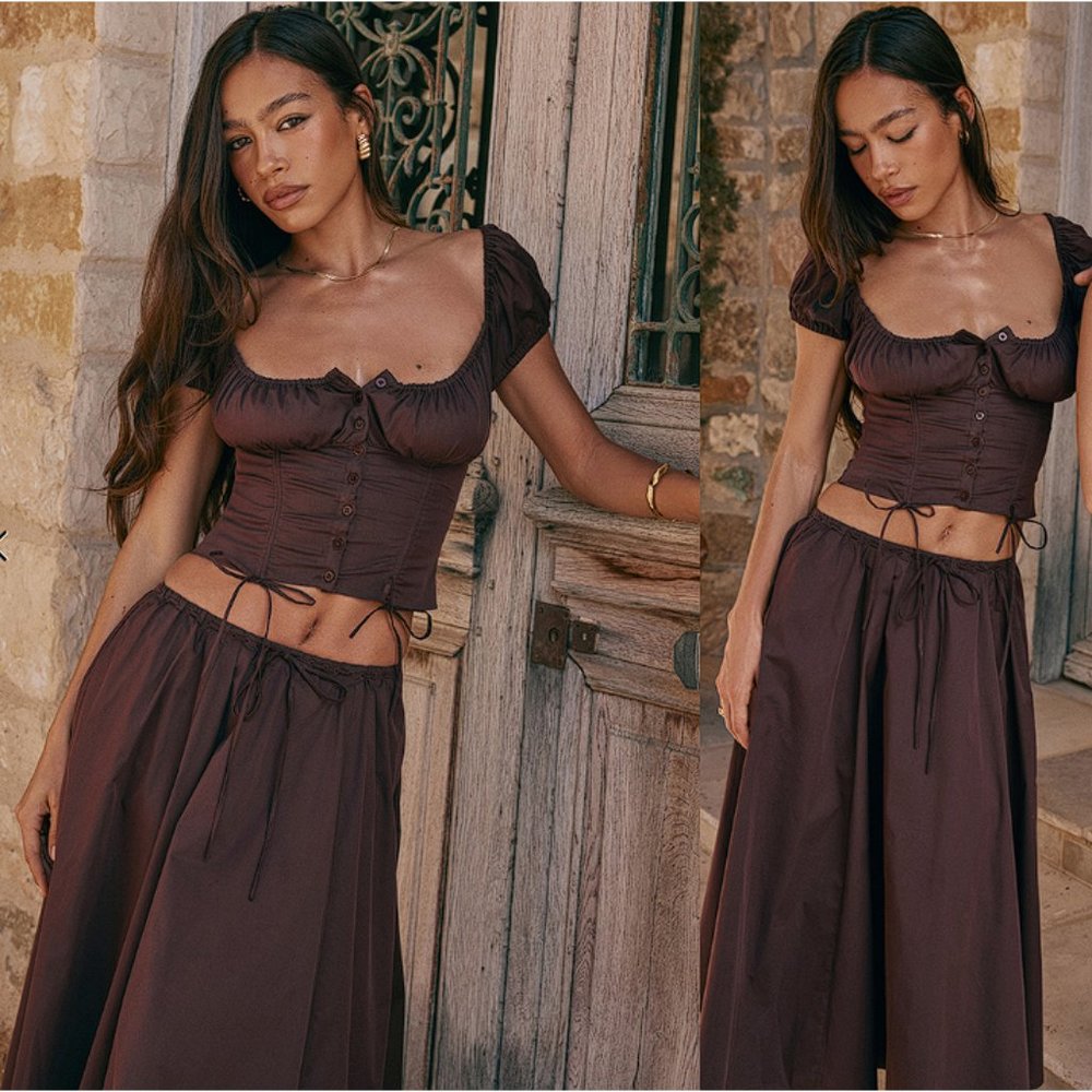 HOUSE OF CB 'Kitty' & ‘Cora’ Rich Brown Gathered Midi Skirt Set NWOT - Picture 4 of 12